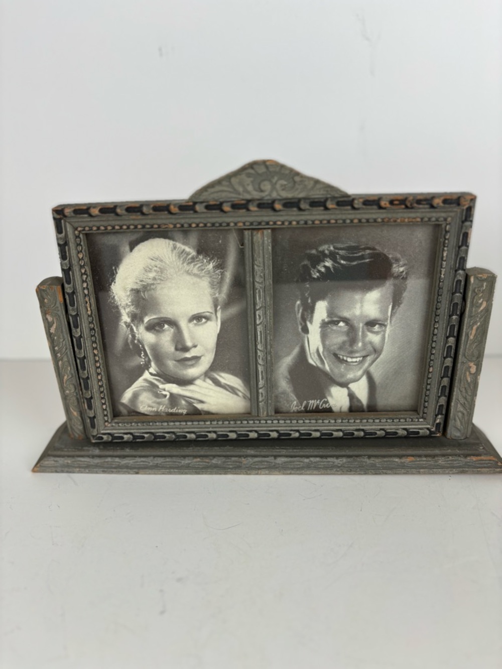 Antique Wood Art Deco Tilt Photo Frame/Double -Harding/McCrea-1930s Movie Stars